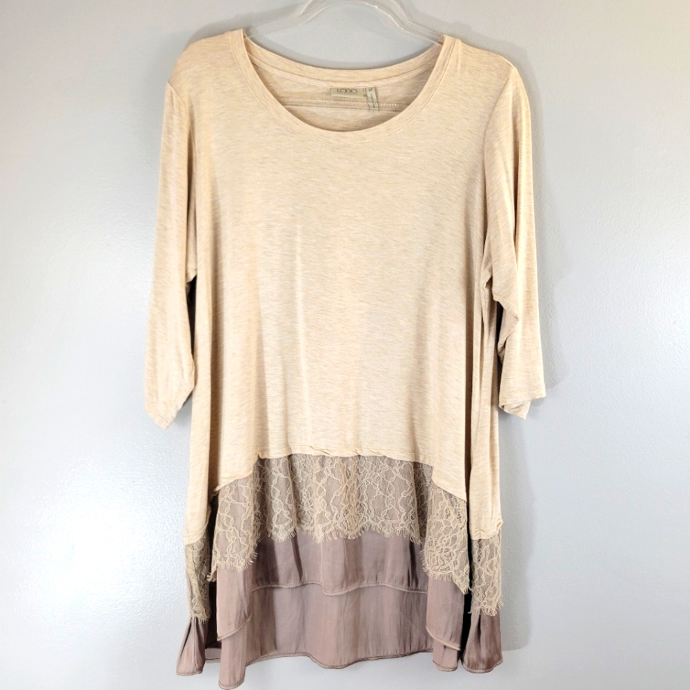 LOGO Lori Goldstein Lagenlook lace satin trim stretch knit popover petite top
